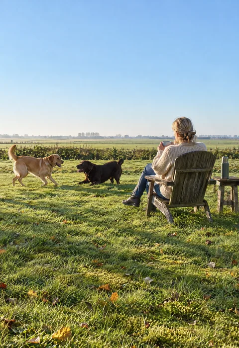 Een vrouw drinkt koffie in een tuinstoel bij een vakantiehuis, met twee labradors naast zich en weilanden op de achtergrond